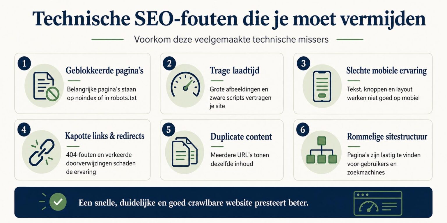 Infographic over technische SEO fouten zoals slow loading, mobiele optimalisatie en duplicate content die website-prestaties